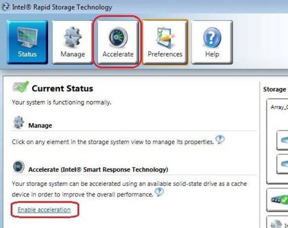 Click the Enable acceleration under the Status or Accelerate menu