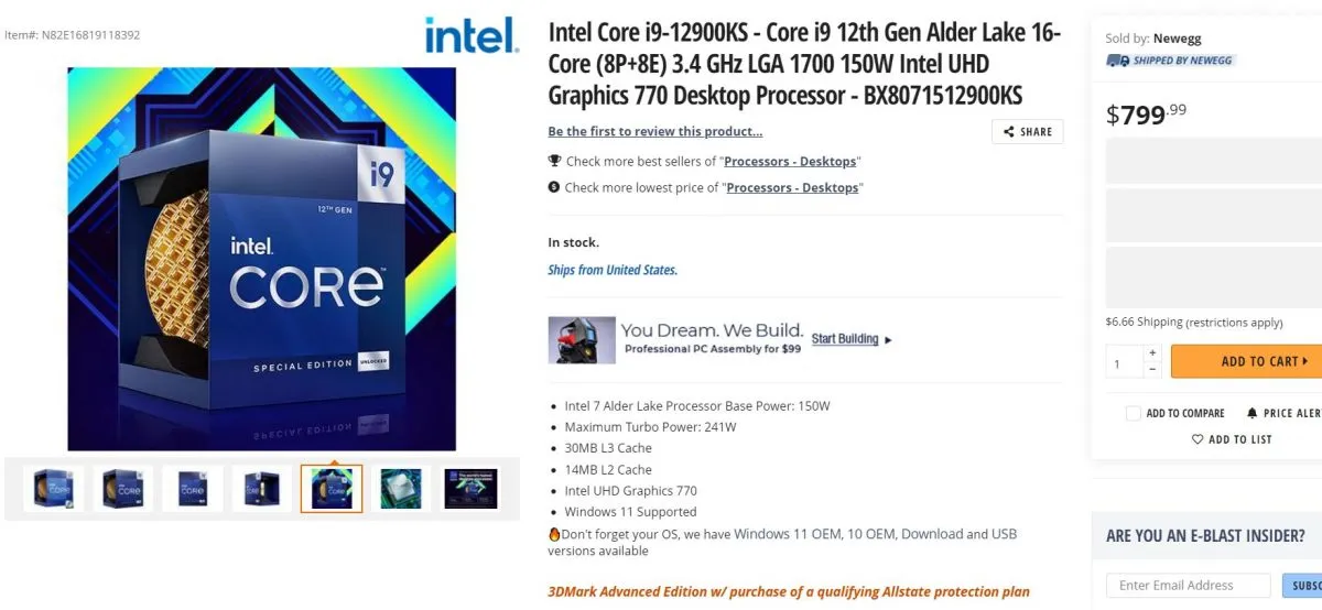 Intel Core i9 12900KS newegg listing